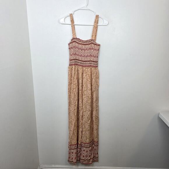 Kindred Anthropologie Tan Cream Floral Boho Floral Wide Crop Leg Jumpsuit Sz M - Picture 3 of 7